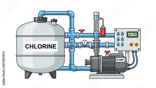 Chlorine disinfection system in a water treatment facility with pipes and control panel