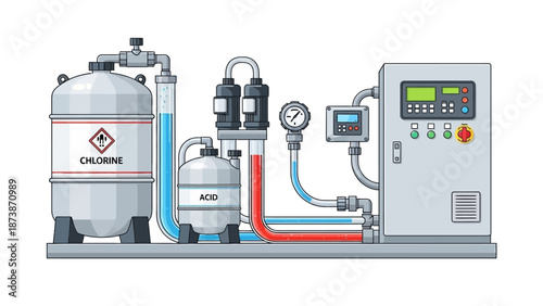Industrial chlorine gas processing system with control panel and tanks in a facility
