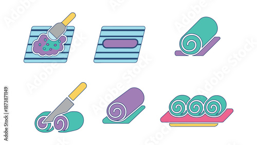 A colorful illustration of various cake rolling and slicing techniques