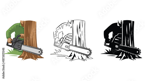 A man in different poses cutting a tree with a chainsaw