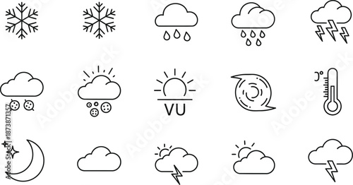 Simple Set of Weather Related Vector Line Icons. Contains such Icons as Wind, Blizzard, Sun, Rain and more. Editable Stroke
