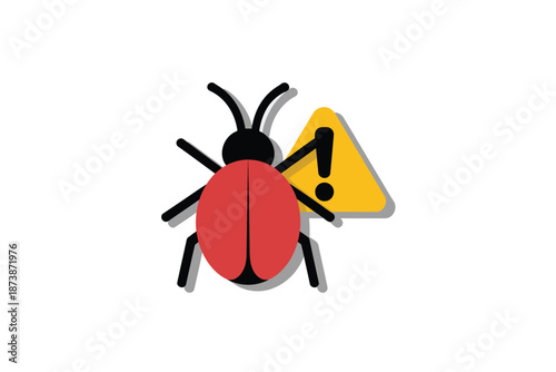 A cartoon illustration of a red and black bug with a warning sign