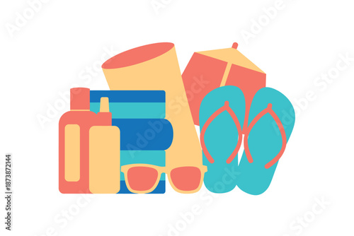 A colorful illustration of summer vacation accessories and beach essentials