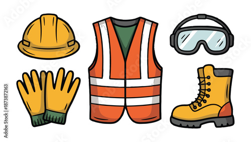 Essential Safety Ensemble: A comprehensive illustration of protective gear, comprising a hard hat, safety glasses, a high-visibility vest, robust work gloves, and a sturdy work boot.