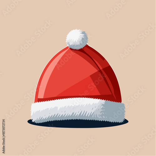 A red Christmas hat with white trim and pom-pom on a beige background
