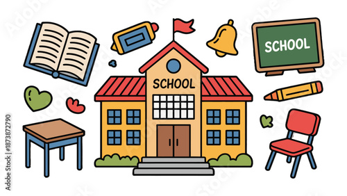 School Icon: An illustrated school building, surrounded by educational elements like books, desks, and a chalkboard. The image captures the essence of a learning environment.