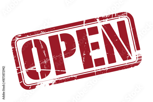 A red open stamp on a white background with a distressed look