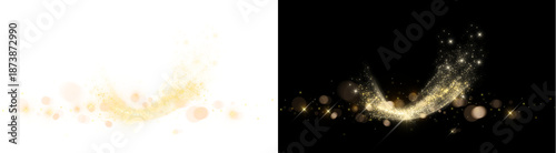 PNG image of Collection of glowing golden orange light streaks and sparkling particle effects forming curved abstract design elements on transparent background