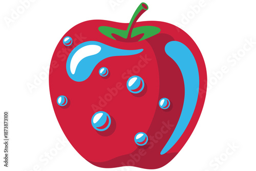 A vibrant red apple with water droplets on its surface