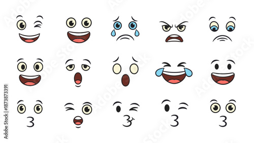 Assorted Cartoon Faces Showing Various Emotions and Expressions.