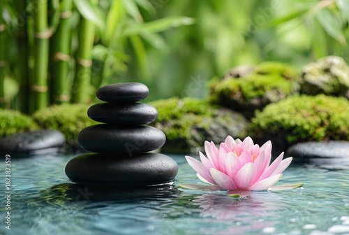 Zen spa concept with stack of black balance stones in water with ripples.