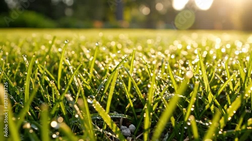 Low angle view of dewy green grass blades reflecting the morning sunlight, creating a glistening effect, perfect for nature content
