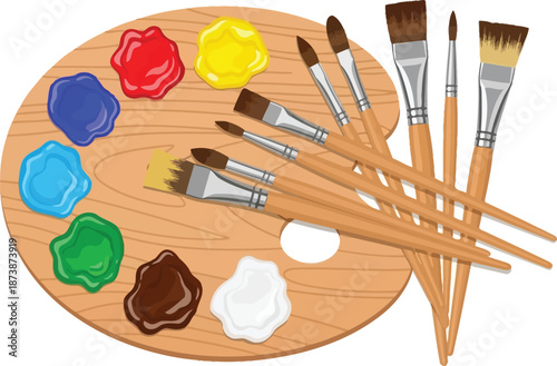 Set of painting tools. Easel, canvas, paints, brushes, sketchbook, mannequin hand, paints palettes, crayons, pencils. Hand drawn vector illustration