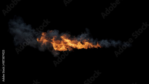 Isolated fire with orange flames and black smoke spreading horizontally across the image on a black background