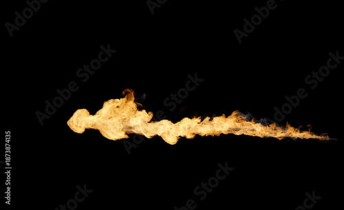 Isolated trail like a thrower of intense Yellow Flames moving fast horizontally on a black background