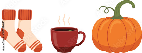 Cozy autumn essentials set with warm socks hot coffee cup and pumpkin illustration isolated on white background flat vector design