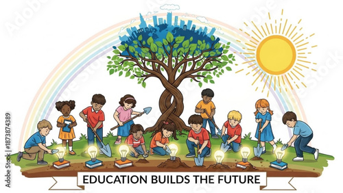 Diverse group of children planting lightbulb seedlings under a tree with a cityscape and rainbow background promoting education and sustainability