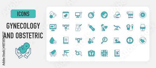 Gynecology and Obstetric icon vector. Abortion, Born, Ultrasound Machine, Sonogram, In Vitro Fertilization, Embryo, C Section, Folic Acid, Incubator, Egg Cell, Menstrual Cycle, Prenatal illustration. 