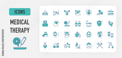 Medical Therapy icon vector. Hormone Therapy, Physiotherapy, Therapy Mental Health, Sound Therapy, Bone Marrow, Exercise, Radiation Therapy, Slumber, Psychotherapy, Stem Cell Therapy illustration. 