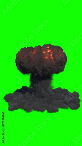 Zoom out on Isolated Nuke Explosion from the ground with a high plume rising up straight on an uniform green background