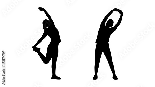 Silhouette icons illustrating essential pre-workout warm up poses and dynamic stretching exercises for flexibility and physical training preparation