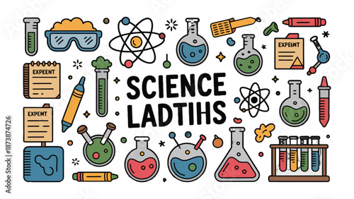 Science in Miniature: A visual compendium of science laboratory tools, including beakers, test tubes, and atom illustrations, encapsulates the essence of scientific exploration.