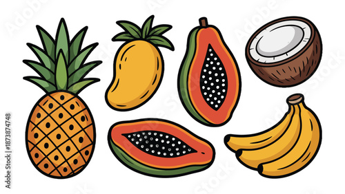 Exotic Tropical Fruits Array: A vibrant assortment of tropical fruits, bursting with vivid colors and showcasing their unique shapes and textures, presented on a neutral backdrop.