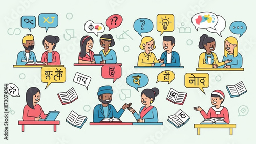 Diverse group of people from different cultures learning languages together with speech bubbles and books in a colorful illustration with language learning