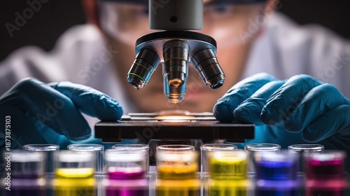 A scientist in a lab examines a specimen slide under a microscope, with vials of colorful liquids in the foreground, using a meticulous approach to scientific discovery.