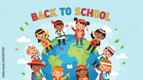 Diverse group of children in various professions standing on a globe with back to school text with education and learning and students and kids