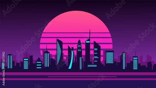 Retro futuristic cityscape vector illustration with neon lights and a large sun