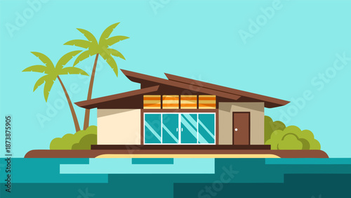 Tropical vacation villa surrounded by calm blue water and lush green palm trees, a beautiful vector illustration