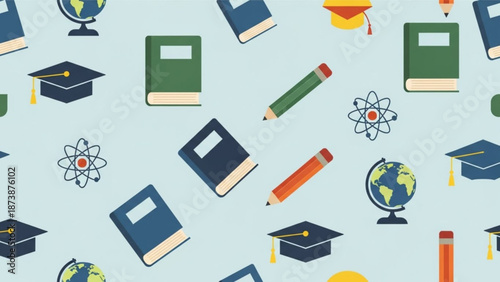 Colorful educational icons including books graduation caps pencils globes and atoms scattered on a light blue background for learning and school themes