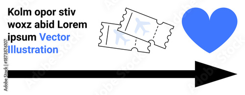 Travel, aviation, love and relationships, transportation, exploration, future planning. Two airplane tickets, a blue heart and a forward black arrow. Travel and aviation concept