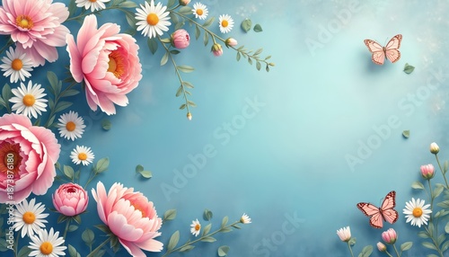 Floral design displays pink peonies daisies and butterflies against blue background. The art arrangement includes leaves buds and space. Decoration evokes spring summer wedding themes.