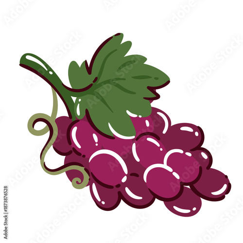 Red grapes with green leaf and curling vine, fresh fruit cluster in simple cartoon doodle style, smooth rounded shapes and bold color accents, natural grape bunch illustration. Vector illustration.