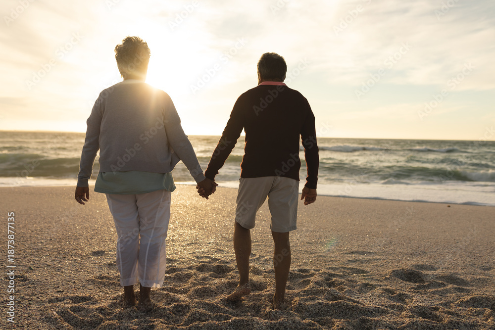 Naklejka premium Rear view of multiracial senior couple holding hands walking on sand towards sea at beach