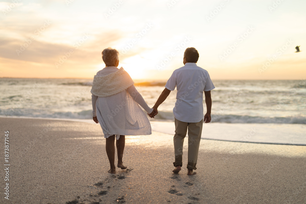 Fototapeta premium Rear view of newlywed senior couple holding hands walking towards shore during sunset