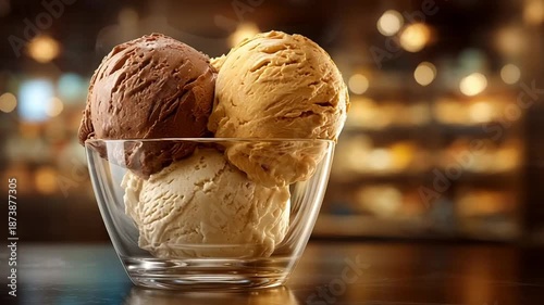 Three Scoops of Gourmet Gelato in Glass Bowl Dessert Treat