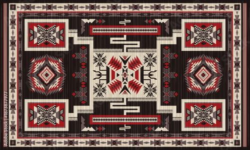 Navajo storm pattern rug style vector.Sacred mountain symbolism with central rectangular motif connecting four corners.Representing weather,lightning.Carpet southwestern tribal geometric illustration.