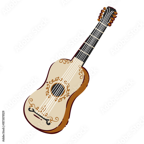 Spanish vihuela guitar with carved wooden body, decorative rosette and strings, historical plucked instrument blending guitar and lute features, renaissance music heritage. Vector illustration.