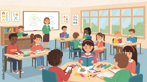 A vibrant classroom scene with a diverse group of children sitting at desks and engaging with their teacher who stands by the whiteboard filled with educational posters