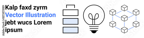 Energy innovation, blockchain networks, sustainability, renewable systems, digital solutions, future technology. Minimalist icons of a battery, a lightbulb and a cube network. Energy innovation