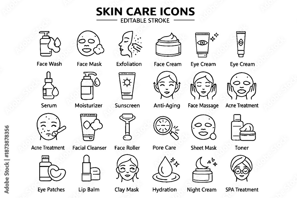 Fototapeta premium Skin Care Icon Set. Editable Outline Vector Symbols for Facial Treatment, Beauty Products, Cosmetic Routine, Sunscreen, Acne Care, Anti Aging and Dermatology