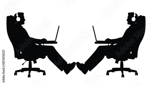 Two silhouettes of people wearing headphones working laptops facing each other with text ifhher silywiy above