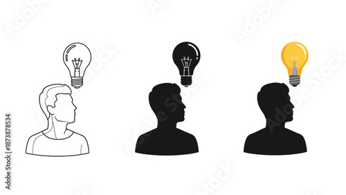 Three stages of idea generation sketch, silhouette, and illuminated light bulb concept for thinking process and innovation