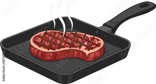 Grilled beef steak cooking on grill pan with steam isolated on white background realistic flat vector illustration food concept