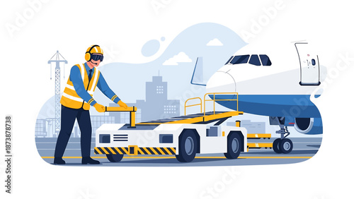 Airport worker guiding an airplane with a tow tractor.
