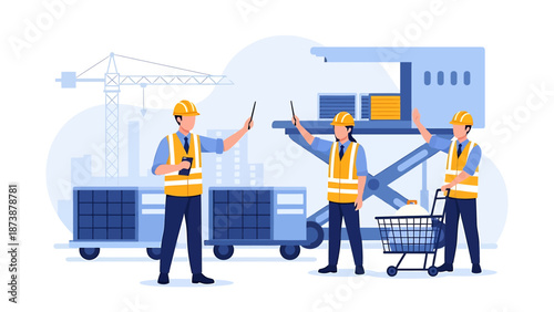 Construction workers collaborating on a building site project.