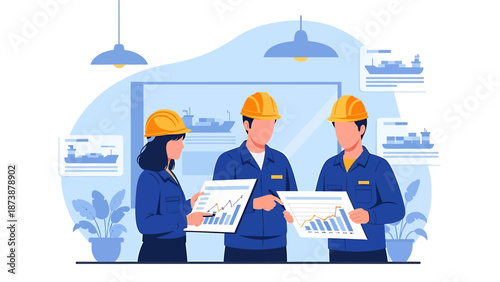 Three engineers in hard hats discussing project plans.